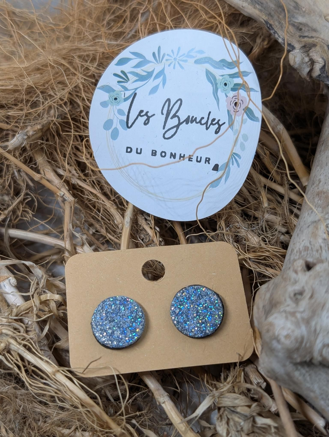 Boucles d&#039;oreilles puces argenté paillettes pu081