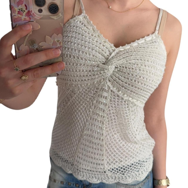 y2k white crochet and lined cami with beading 