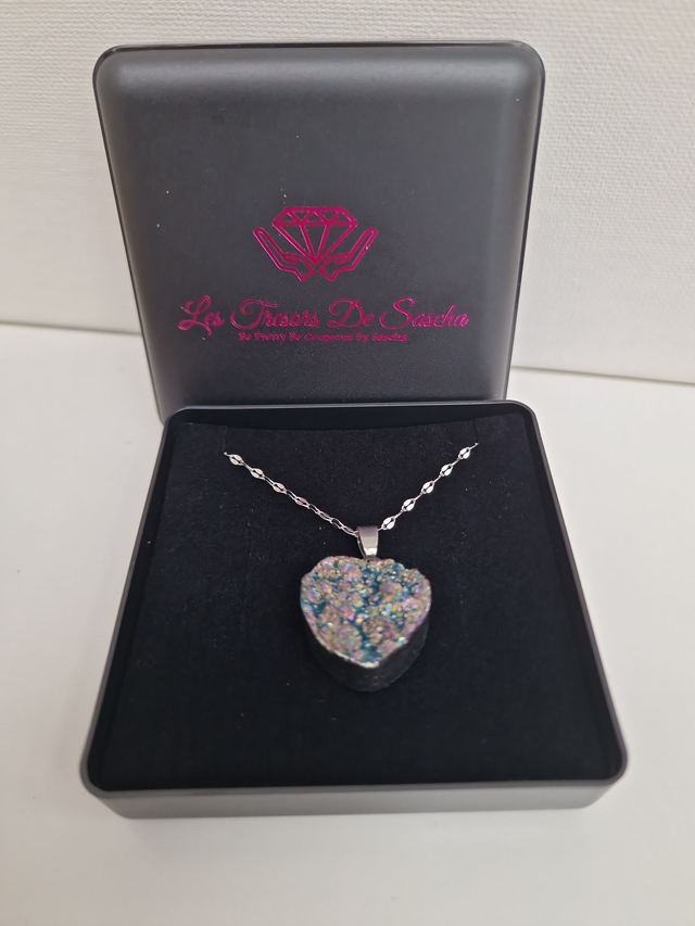 Collier Acier Inoxydable Argenté Pendentif Pierre Quartz