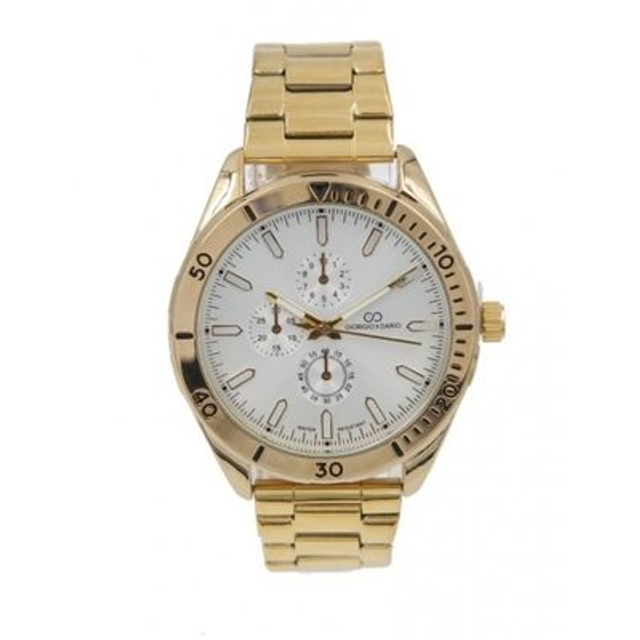 montre homme Giorgio &amp; Dario fond blanc, boitier acier inoxydable, étanche et son bracelet de couleur dorée