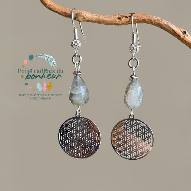 Boucles d’oreilles en Labradorite et fleur de vie – Aura protectrice & Intuition