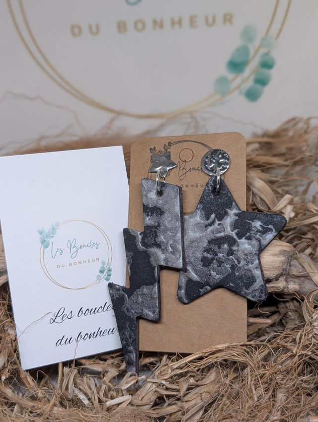 Boucles d&#039;oreilles Asymétrique noir gris nc044