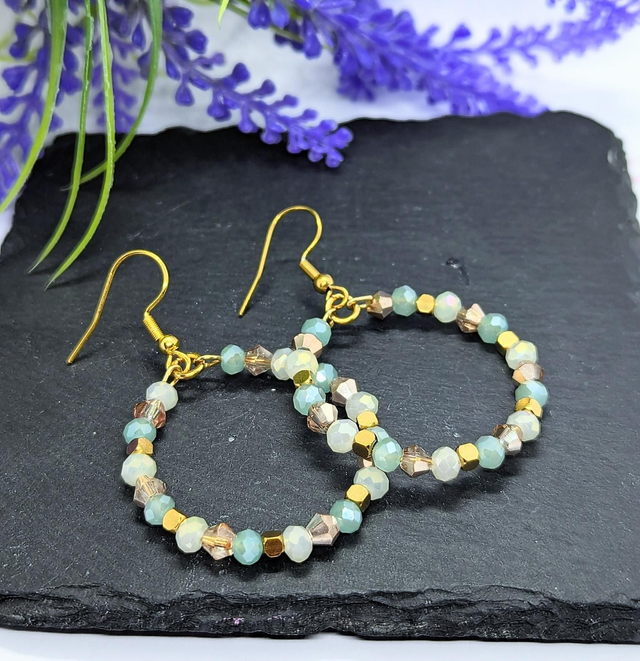 Gold Tone Plated Stainless Steel Pastel Beaded Hoop Earrings