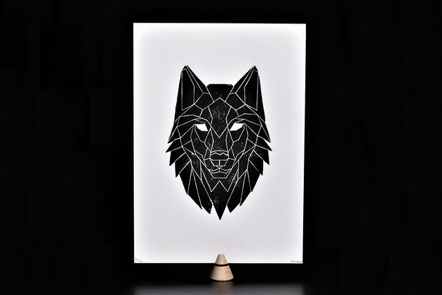 Linogravure A4 Loup Géométrique