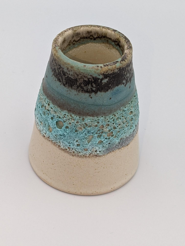 Turquoise, volcanic glaze and light oatmeal bud vase 