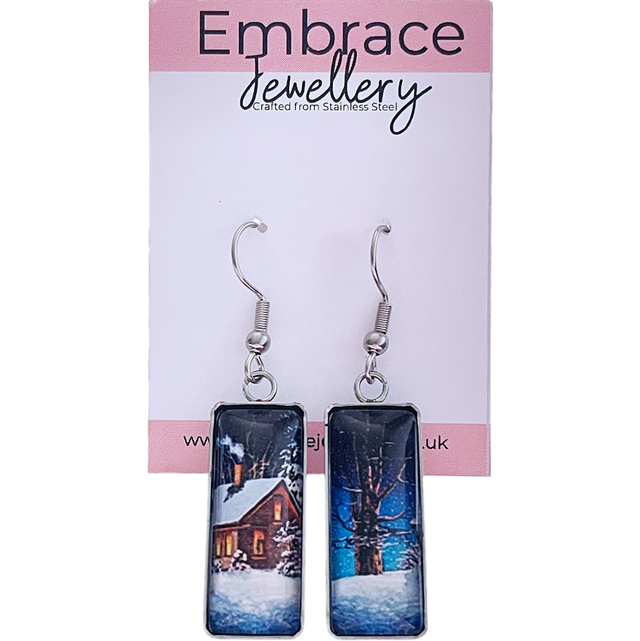 Snowy Cabin & Tree Drop Earrings