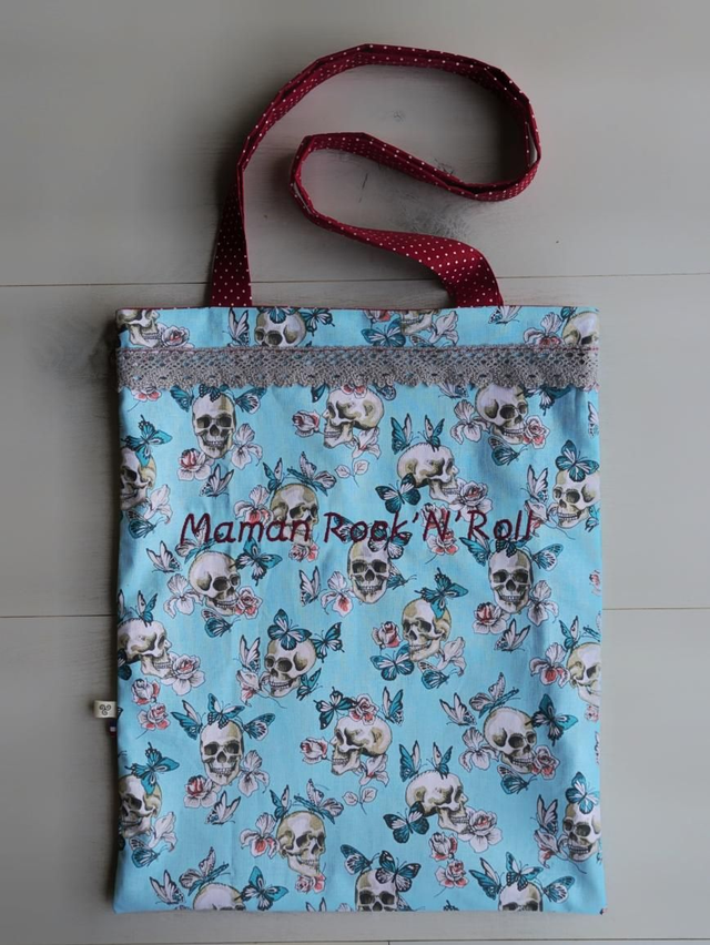 Tote bag "Maman rock'n'roll" bleu reversible