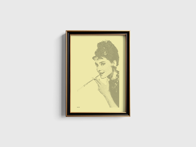 A3 Schreibmaschinen-Porträt Audrey Hepburn in Schwarz auf Elfenbein