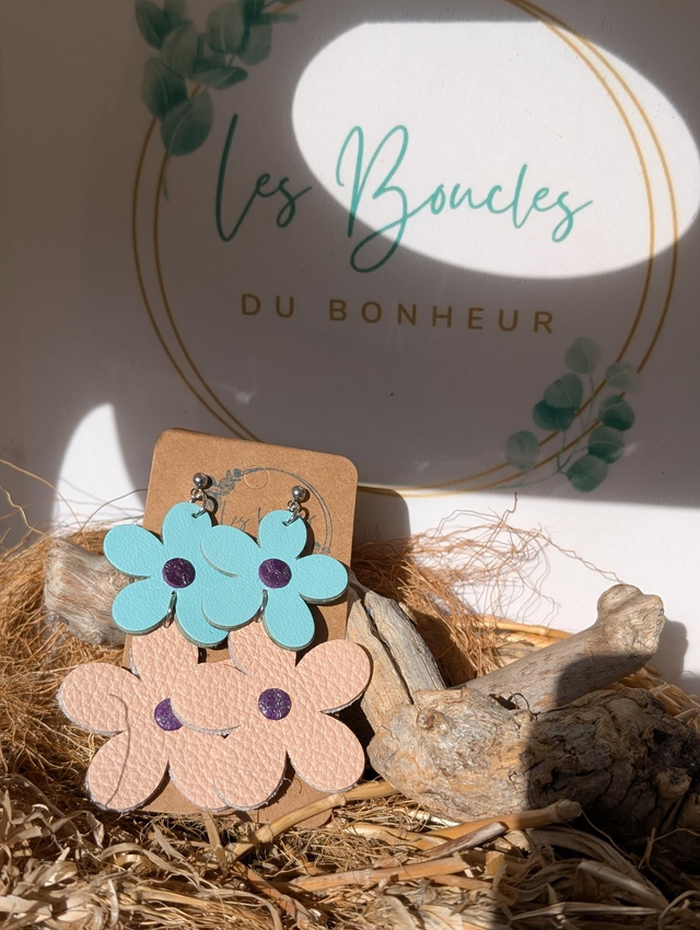 Boucles d&#039;oreilles Marguerite bleu rose m1025