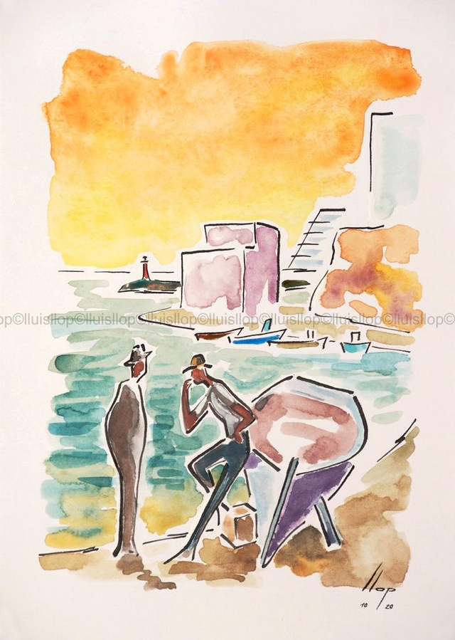 coses de l'Ametlla, aquarel·la original - vista antiga amb platgeta i la fàbrica vella de gel