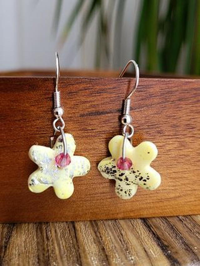 Drop Earrings - Yellow Flowers with red or pink centre bead
