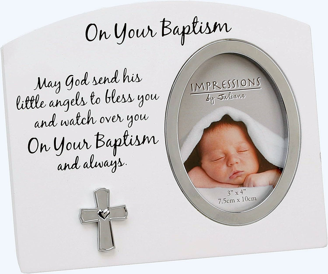 Christening/ Baptism Photo Frame Gift White & Silver Freestanding Picture 3 x 4in
