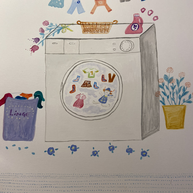 Illustration à l’aquarelle « Dans la machine à laver « 