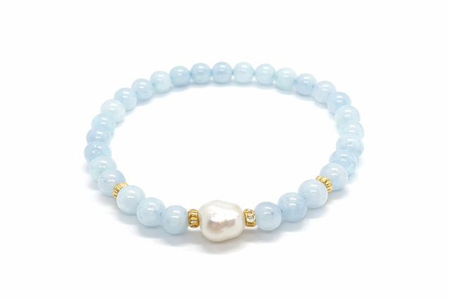 Bracelet Aigue-Marine « Kaerid » – Perle de Culture &amp; Plaqué Or 24K