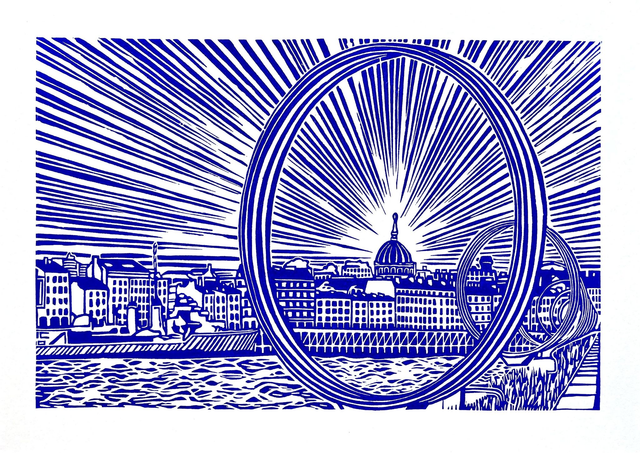 Nantes : les Anneaux et la Loire • Linogravure bleue 21 x 30 cm