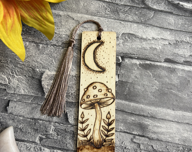 Mushroom and crescent moon bookmark. Pyrography. Handburnt. 