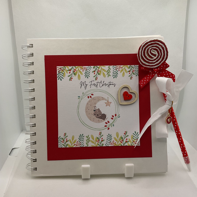 Personalised First Christmas frame and album set. Baby bear design. Red.