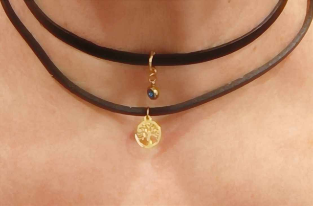 Collier en cuir double cordon Arbre de vie avec strass 
