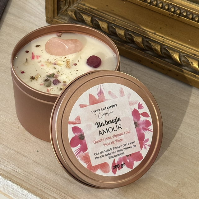 Bougie Amour - Quartz et Agate Rose Bois de Rose