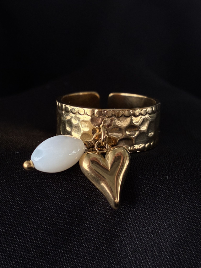 Bague réglable martelée Coeur Perlé Doré