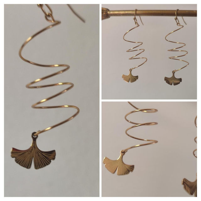 Boucles d'oreilles "tourbillon" fleurs de ginkgo biloba acier inoxydable doré -sans nickel, pièce unique 