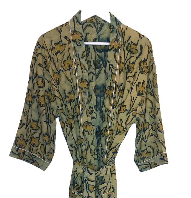  Peignoir unisexe, teintures naturelles artisanales, imprimé à la main, jaune et bleu, robe de chambre L.120cm