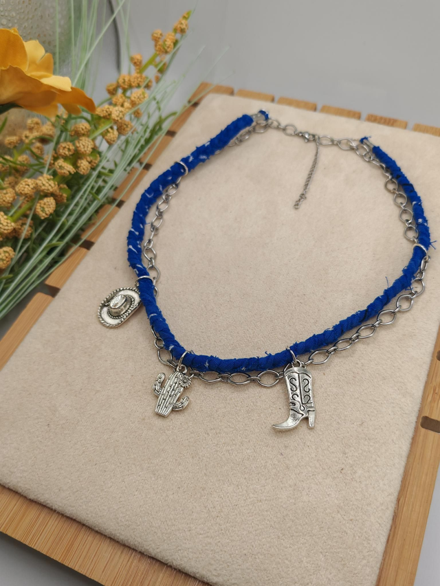 Collier Tissu Tresse Bandana Bleu + Chaîne argentée + Pampilles