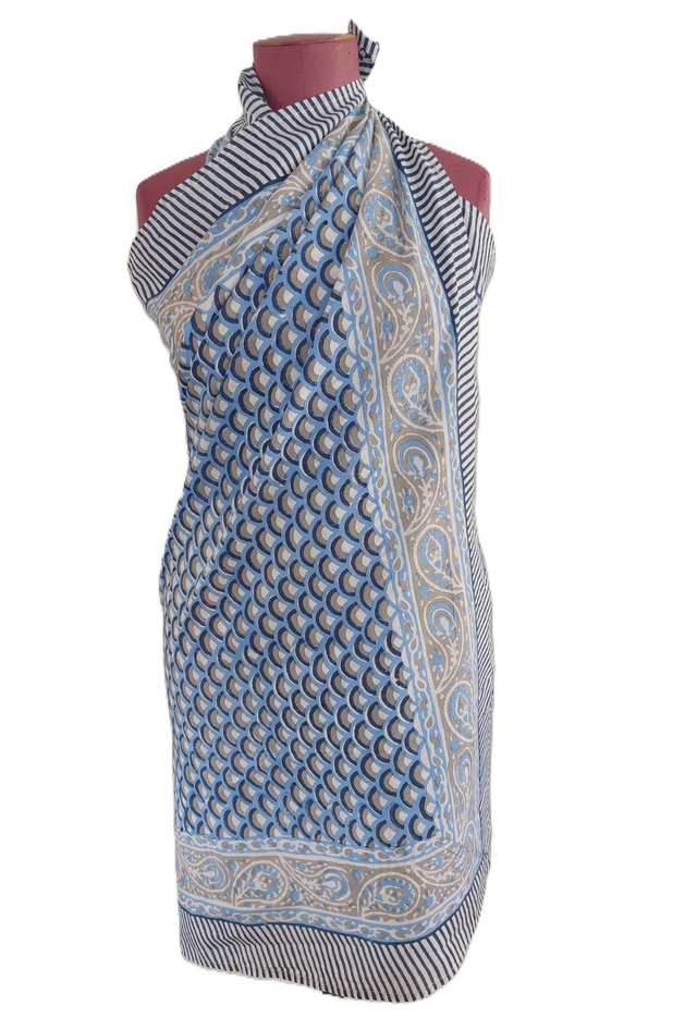 Paréo de plage en coton indien imprimé à la main – Motif bleu et blanc – Étole &amp; châle bohème