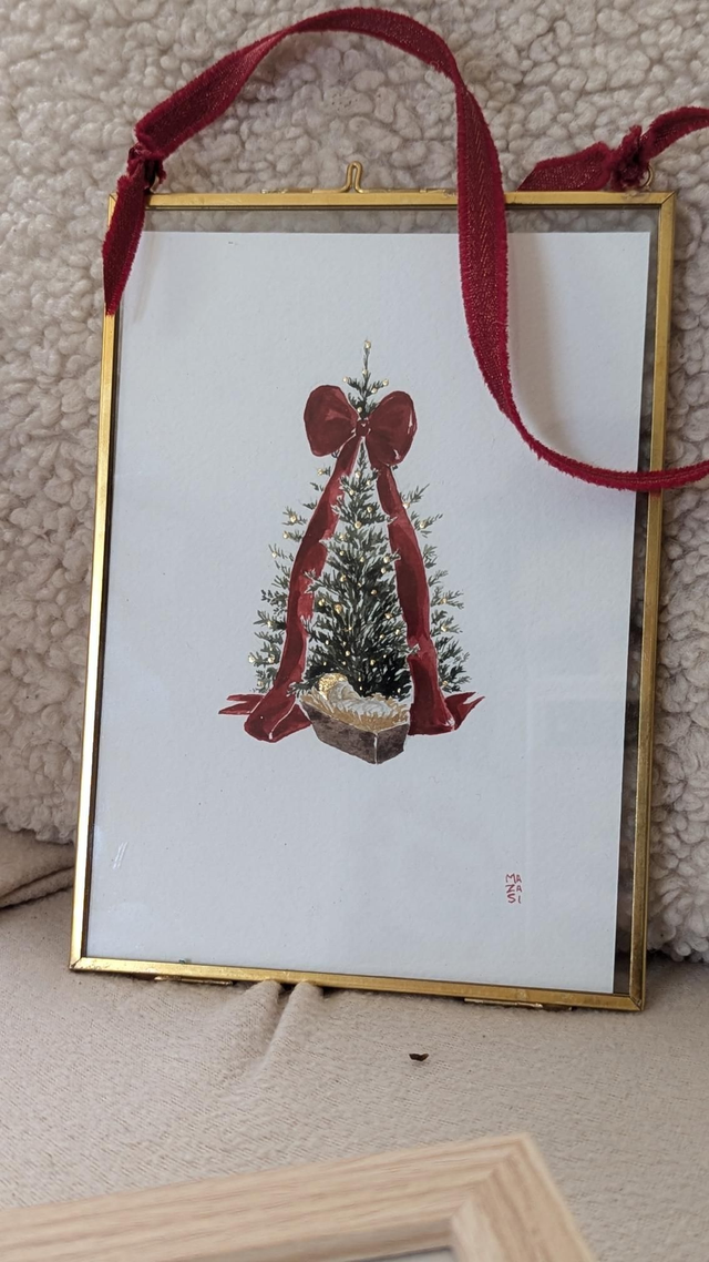 Aquarelle originale Jésus et sapin au noeud rouge 
