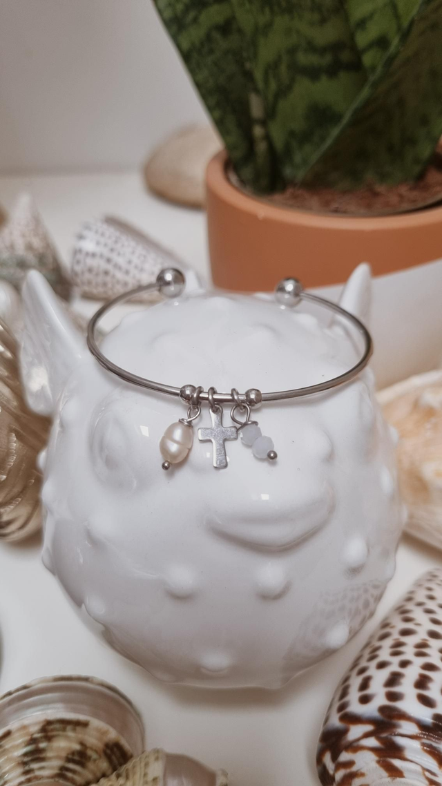 Jonc acier argenté - croix 