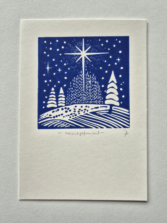 Weihnachtskarte Linol "Nachtgefunkel"