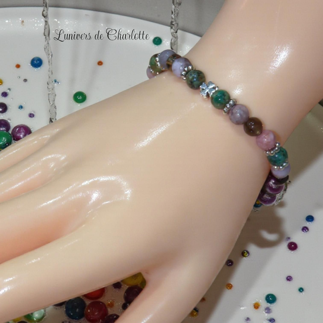 Bracelet "Timidité, expression" - Turquoise, jaspe rose, quartz fumé - REF25