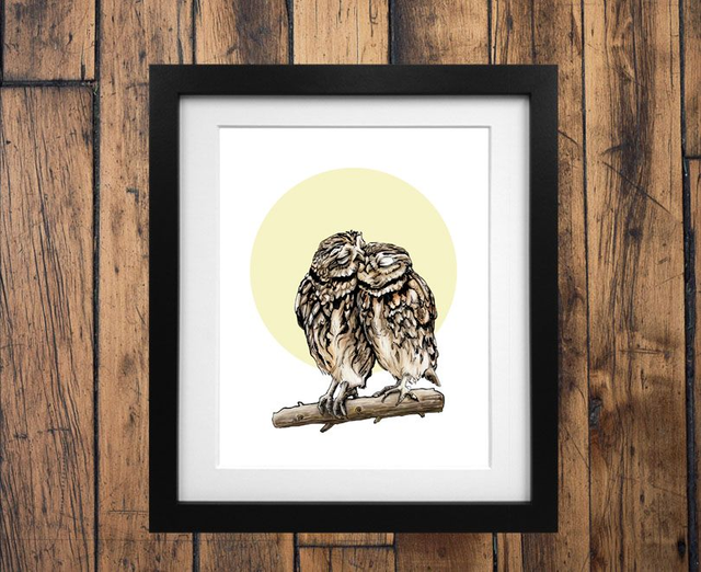 Kissing Owls Print - After an original ink and digitally coloured illustration
