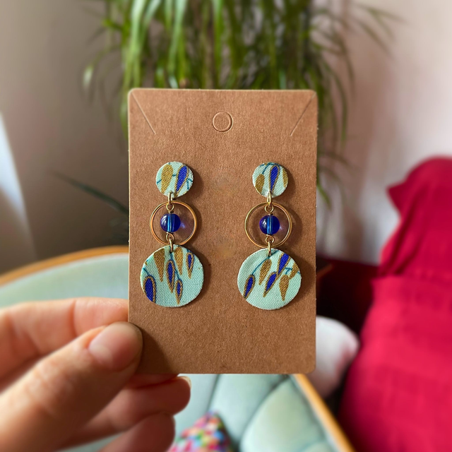 Trio Cercle - Boucles d'oreilles en tissu bleu et doré