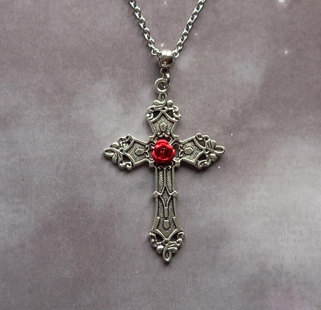 Red Rose Gothic Cross Necklace 