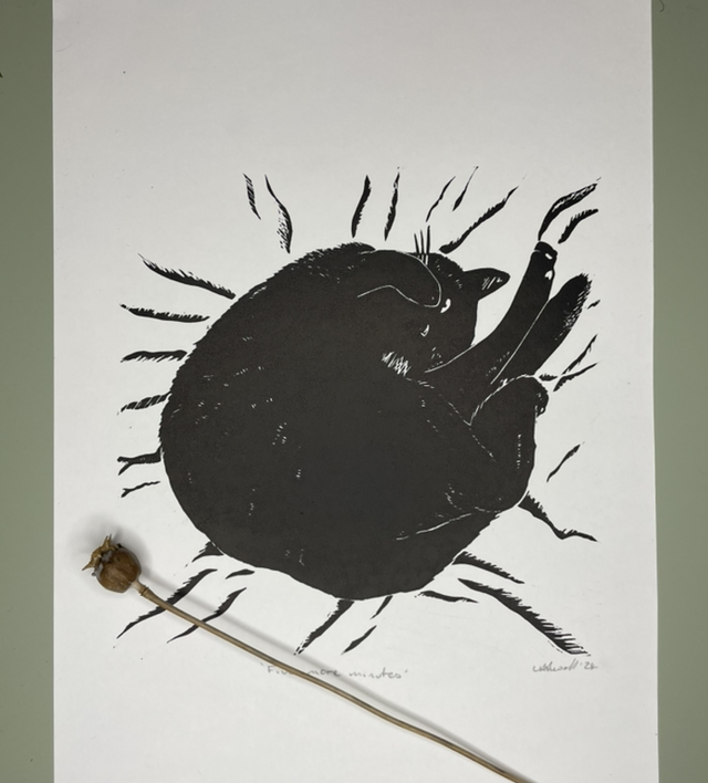 5 More Minutes, two layer Lino print