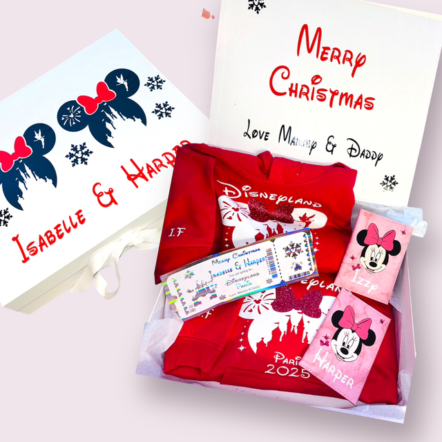 Girls /sisters matching sibling Disneyland reveal box black and red 