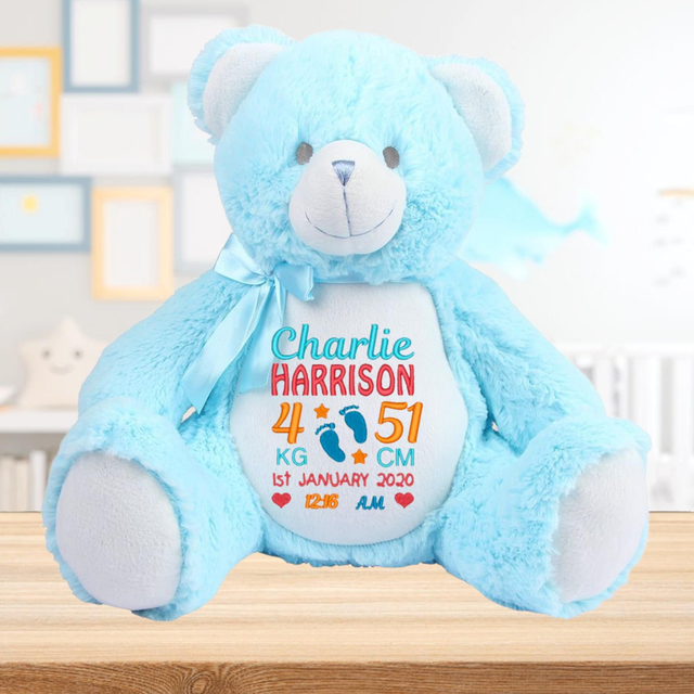 Cuddly Blue Bear Embroidered