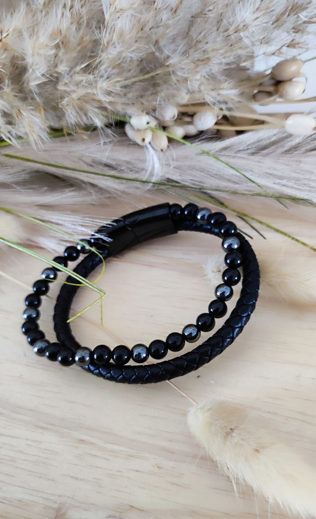 Bracelet Cuir noir "Protection" Hématite et Onyx