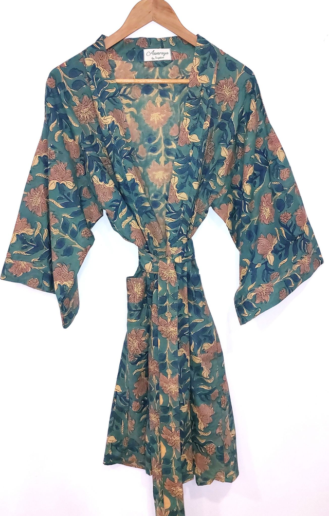 Robe kimono en coton - Peignoir, robe de chambre - Imprimé à la main, motif floral - Beige et vert - L100cm et L120cm