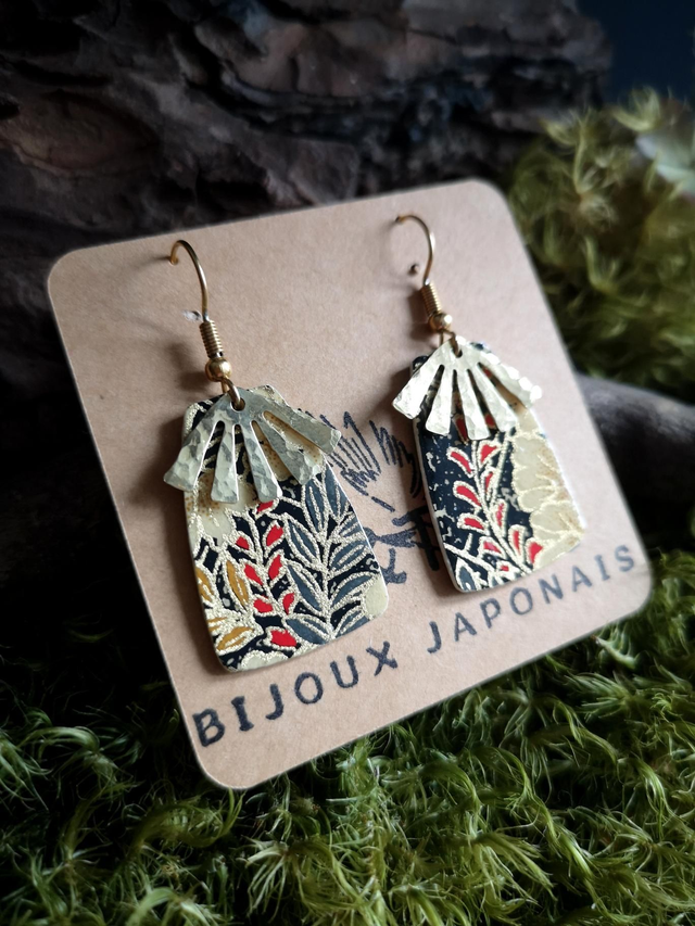 Boucles d'oreilles - crochets - papier washi - fleurs - éventail - laiton - La&Titia