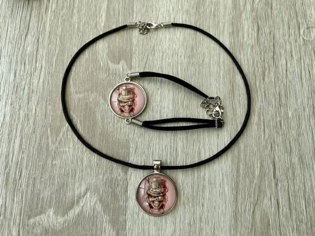 Steampunk skull set Necklace 14”-16” silk cord &amp; bracelet glass skulls