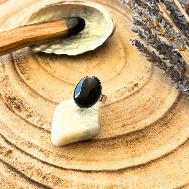 Bague ovale réglable agate noire &amp; inox couleur argenté