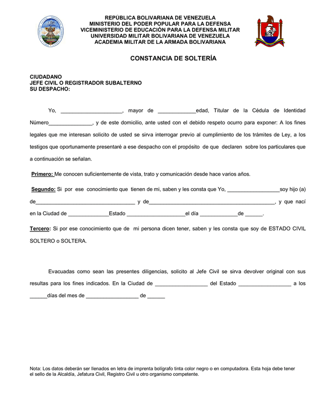 Certificat de célibat simple (Venezuela)