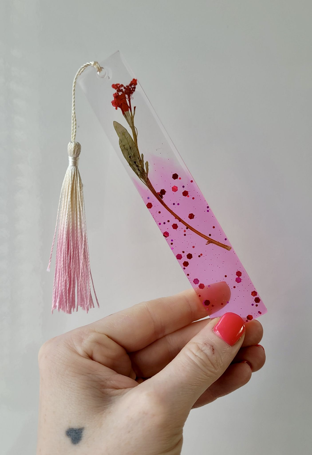 Pink Glitter Floral Bookmark - Dried Flowers