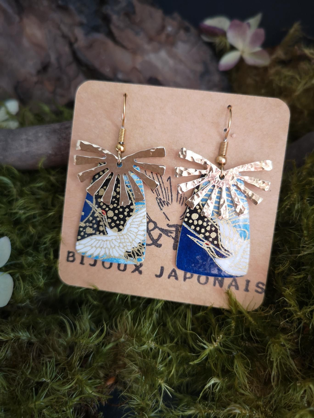 Boucles d'oreilles - crochets - papier washi - grues - soleil - laiton - La&Titia