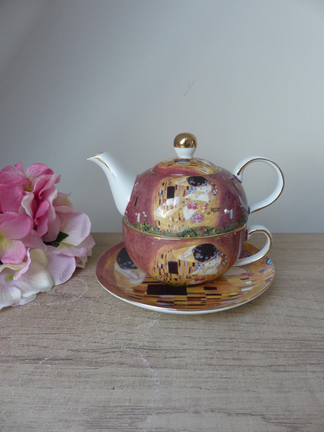 Ensemble Théière Egoïste Solitaire avec une Tasse ' Le Baiser' de Klimt, Théière en porcelaine Gustav Klimt Cadeau Couple Mariage Amour