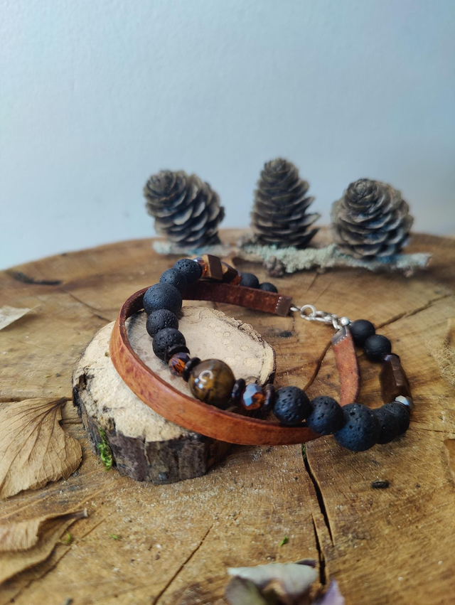 Bracelet homme cuir vachette, perles de lave et bois