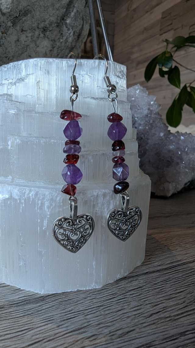 Boucles coeur Améthyste et Grenat 