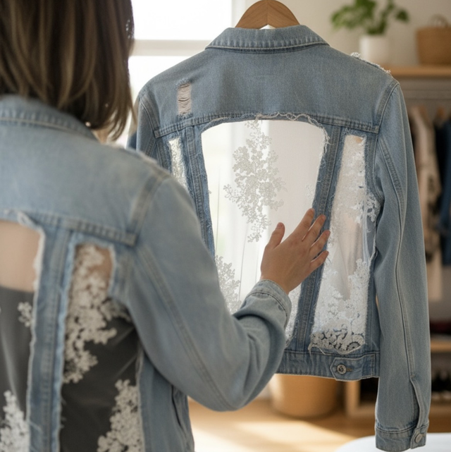Veste en jean customisée dentelle blanche 38/40
